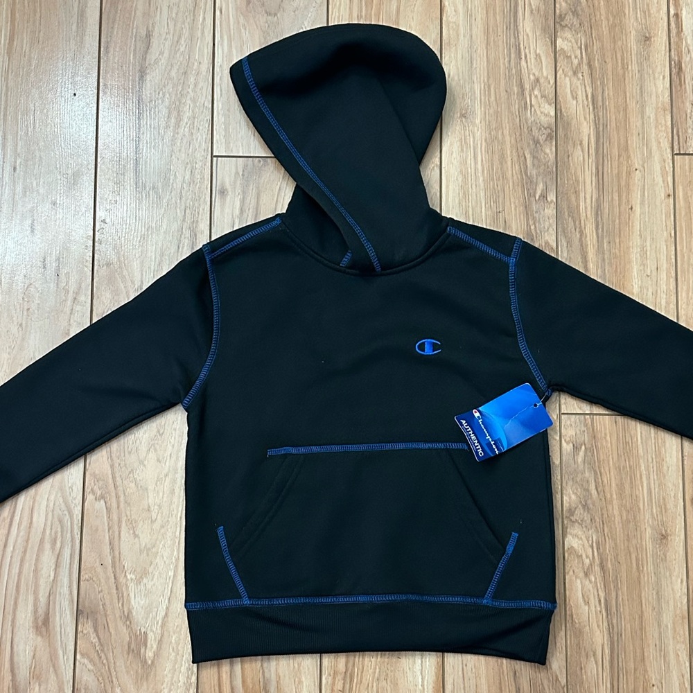 NWT. Champion Kids Black Hoodie with Blue Accents